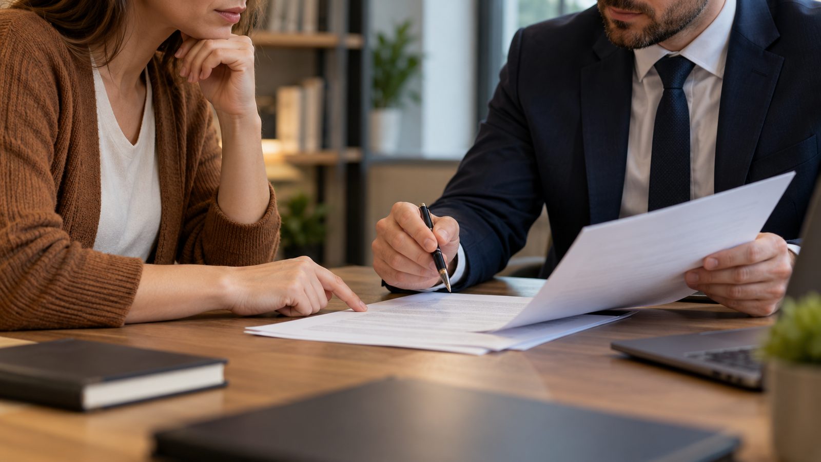 Two civilians reviewing indistinct papers at an office table