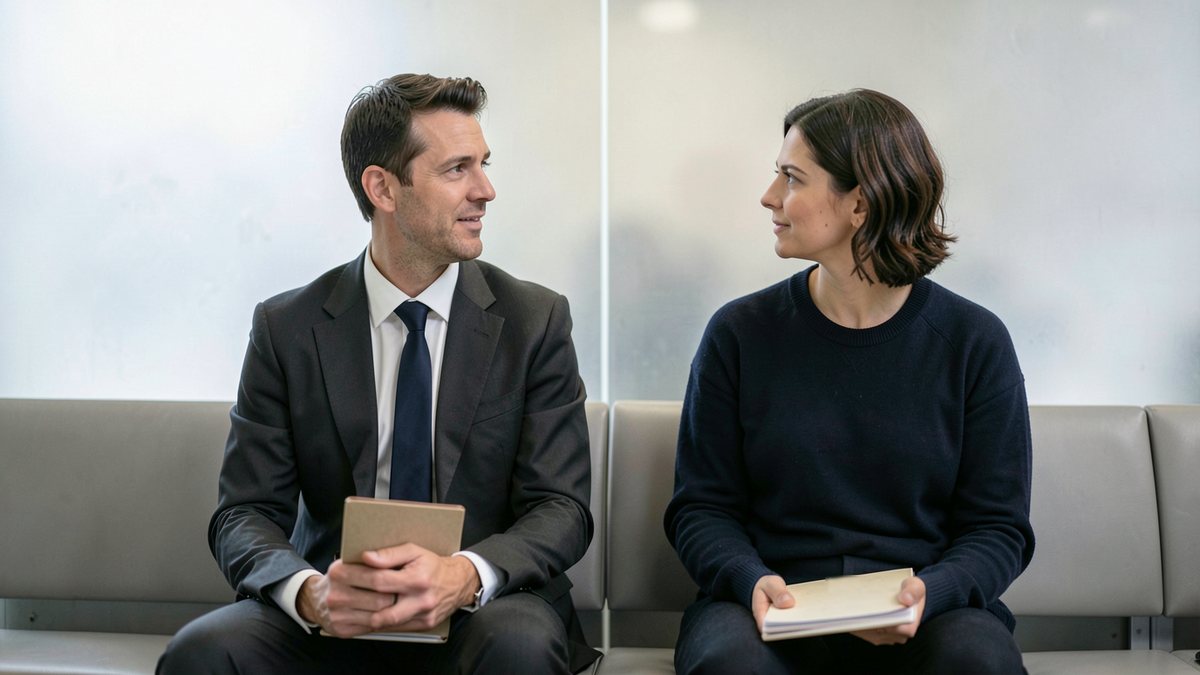 Two adults sitting side by side on a light grey terminal bench and talking, one in a dark suit holding a closed plain folder, the other holding a plain notebook, with frosted milky glass behind
