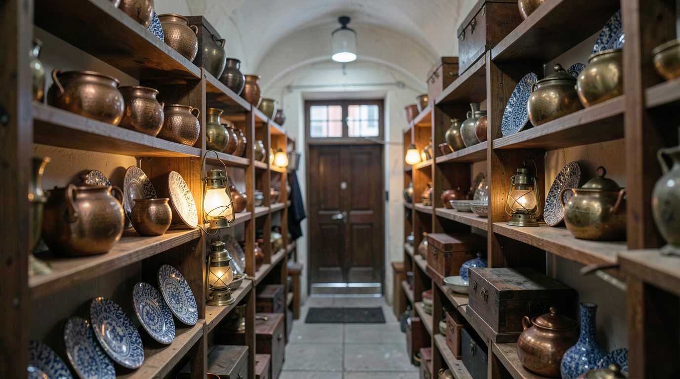 Interior of a small antique shop in an old covered Istanbul bazaar, with shelves of copper pots, patterned ceramic plates and brass lanterns and nobody present