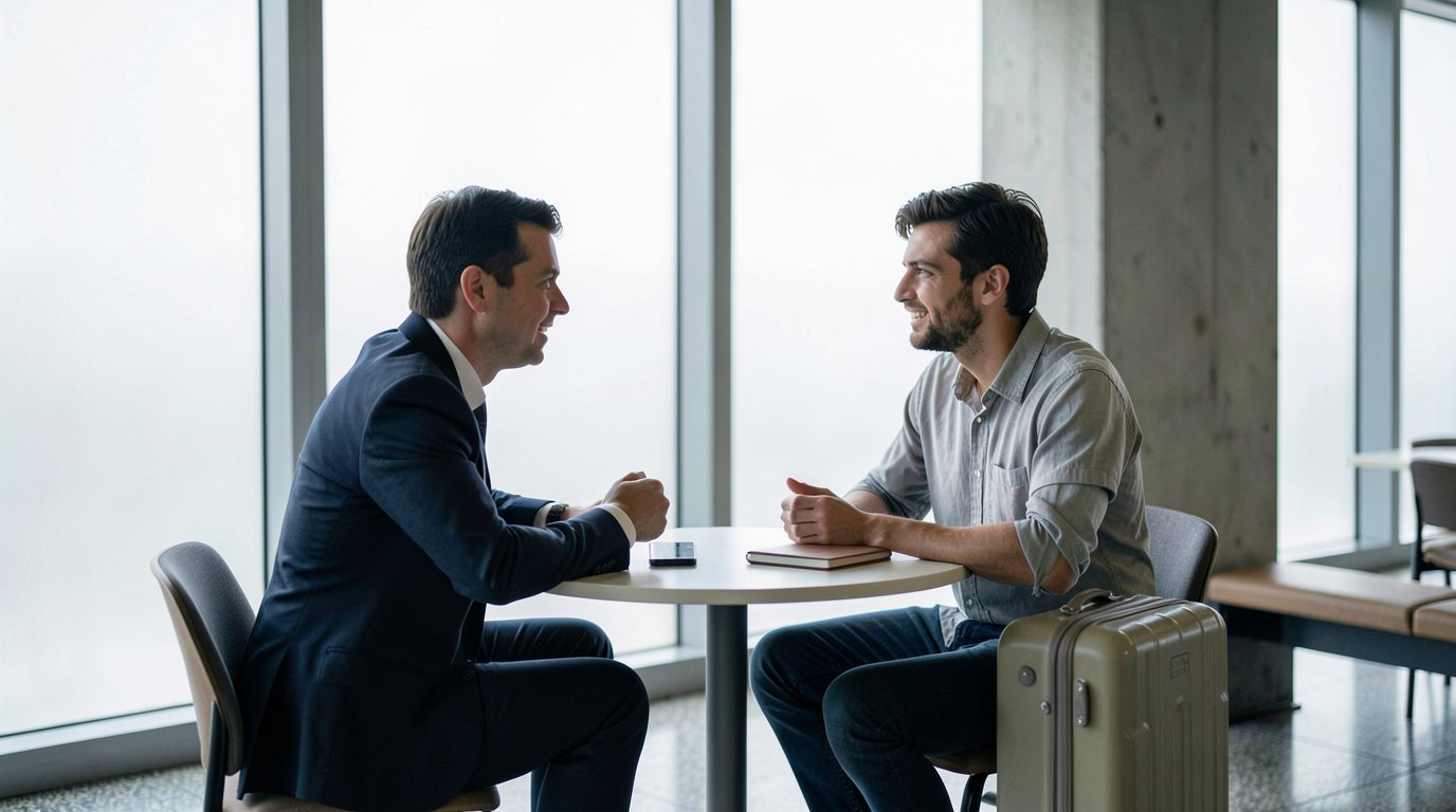 Lawyer in a plain dark suit and a traveller in casual clothes talking at a small cafe table in an airport terminal, a phone and a small closed notebook on the table, a carry-on suitcase beside them