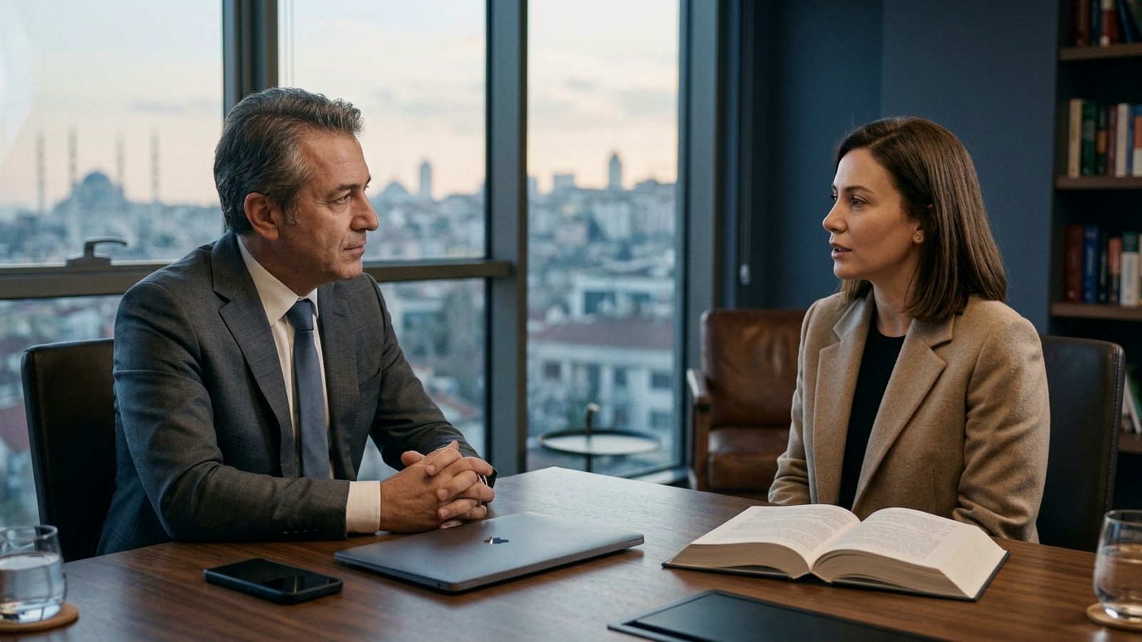 Lawyer and client reviewing device seizure rights in an Istanbul law office