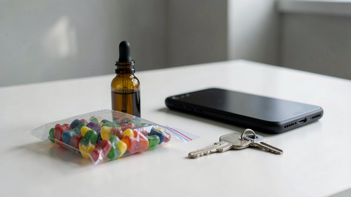 A small unlabelled glass dropper bottle and a clear zip bag of colourful gummy sweets on a plain white table next to a dark phone with a blank screen and a set of keys, with nobody in the frame
