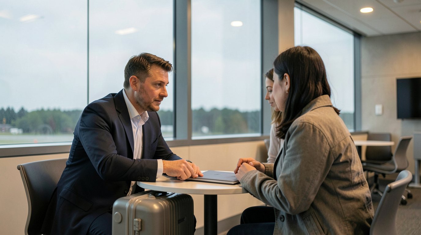 Lawyer and client seated at a small table in a quiet airport terminal cafe, a closed suitcase beside them, reviewing a plain folder together