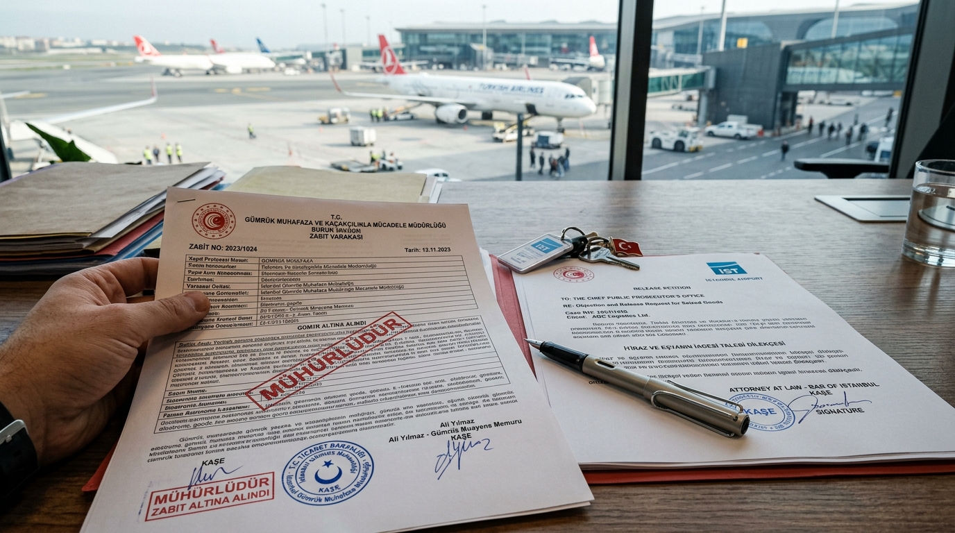 Confidential criminal defense attorney consultation desk with Turkish customs seizure protocol at Istanbul Airport