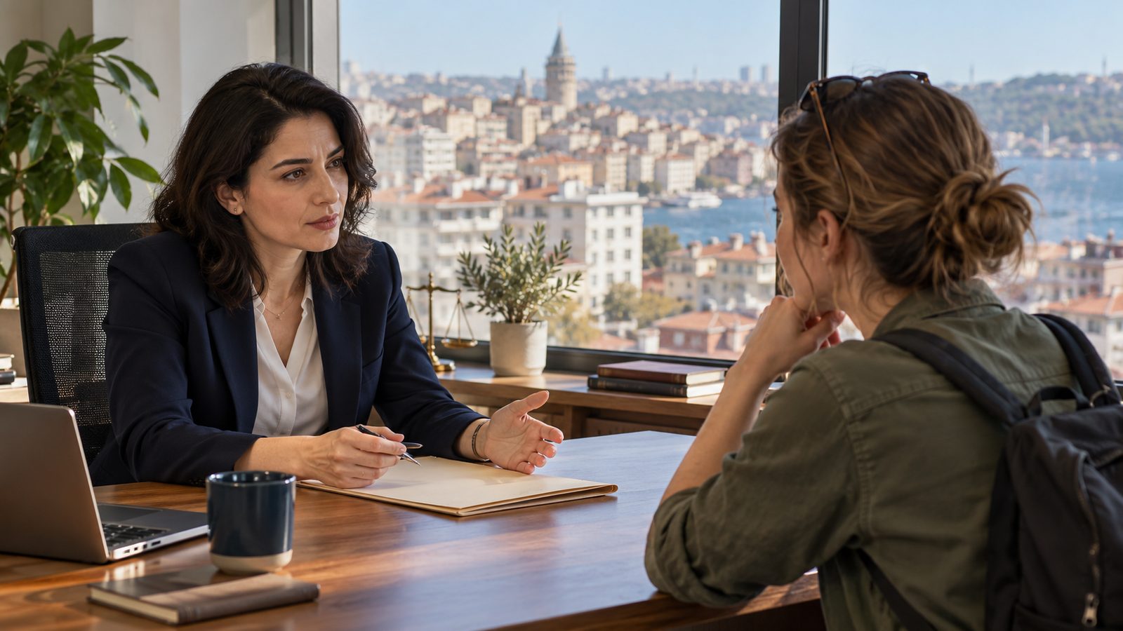 Traveller meeting a civilian lawyer in a private office