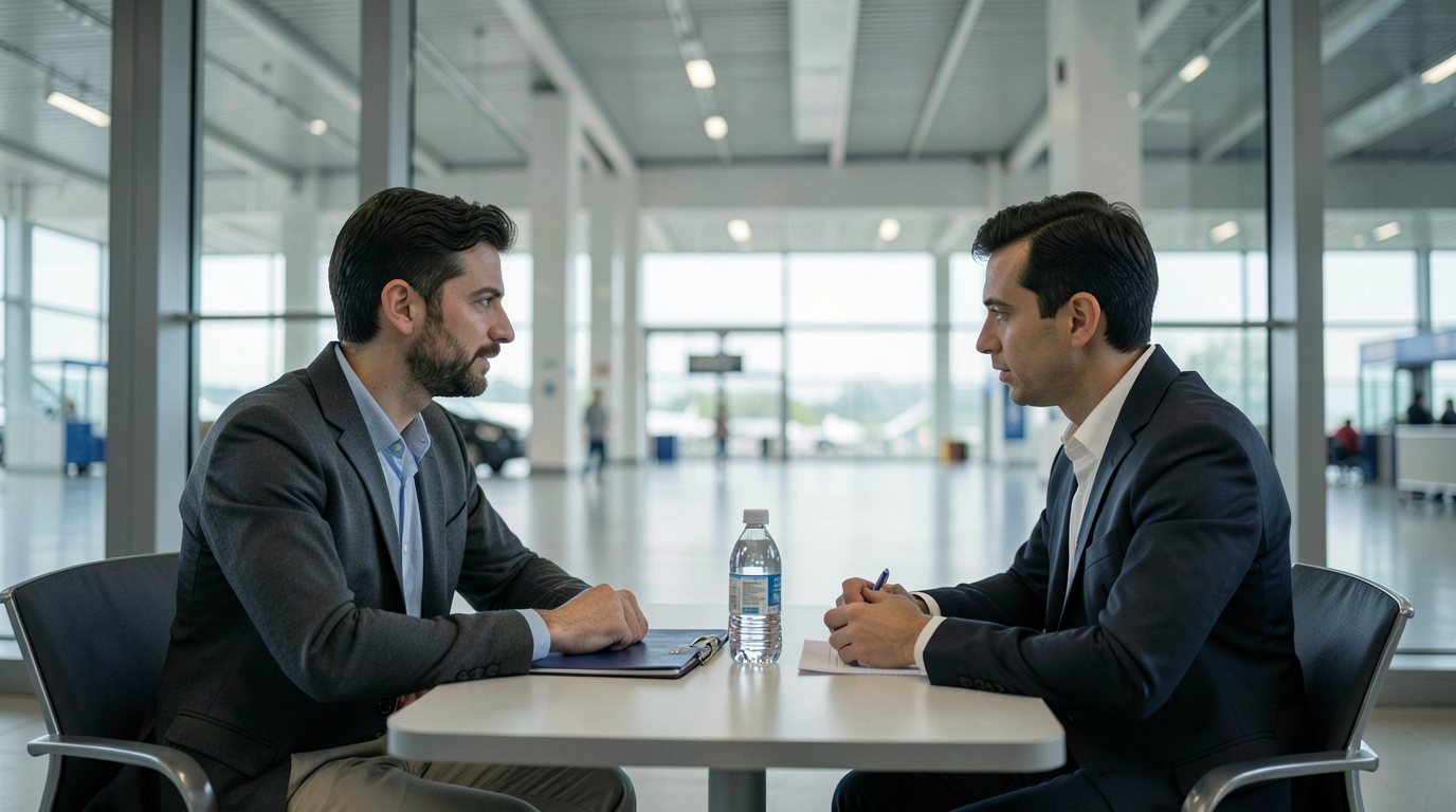 A traveller in plain clothes sitting at a small table in a quiet airport office with a lawyer in a plain dark suit, a closed folder and a bottle of water between them, glass wall showing the empty concourse