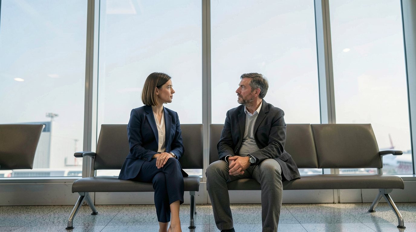 A female lawyer in a navy suit and a tired male traveller in a dark jacket sitting side by side on terminal seating, turned toward each other in calm conversation, in front of a glass wall with bright sky