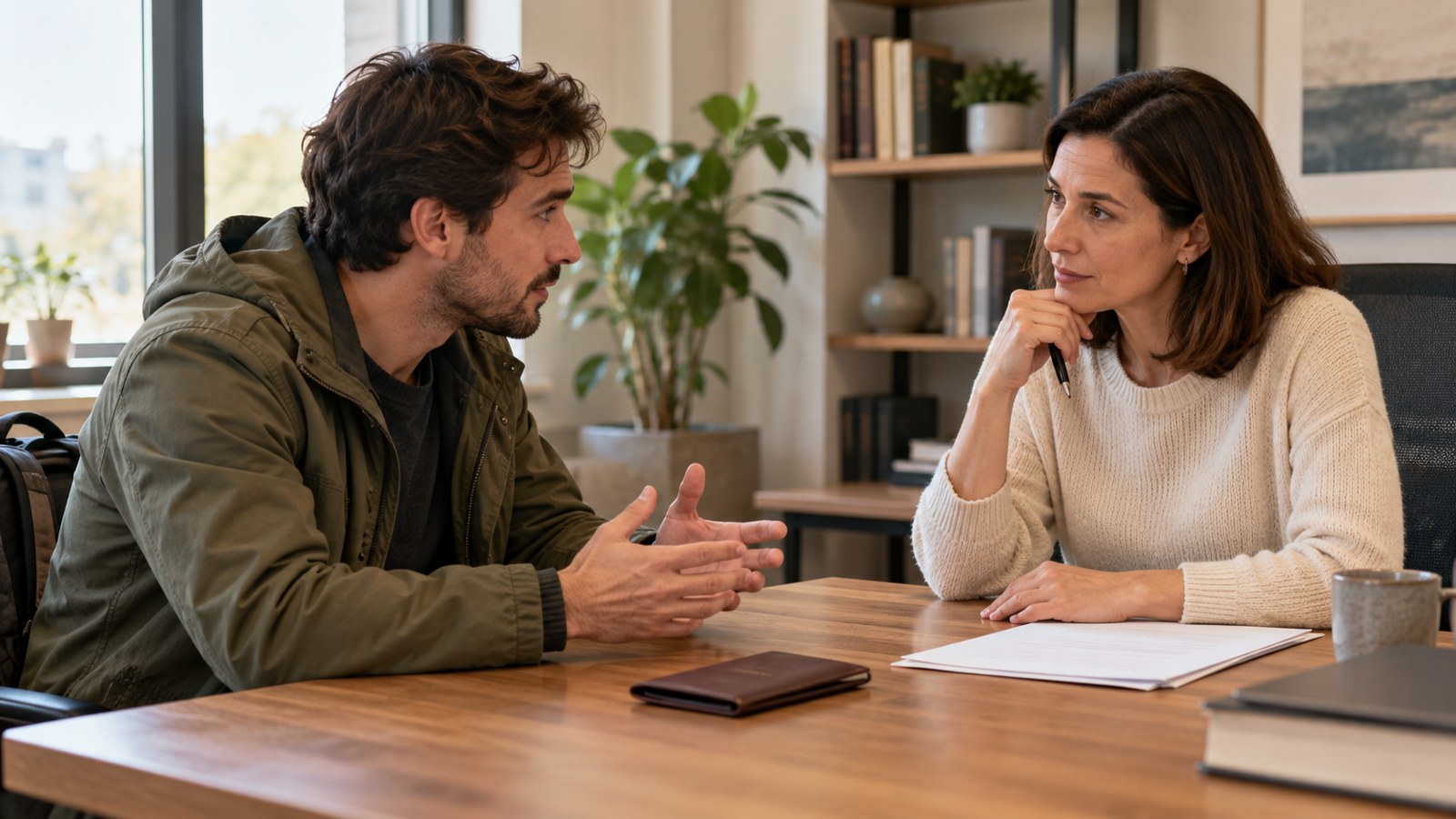 Traveller discussing permitted stay and departure plans in a private office