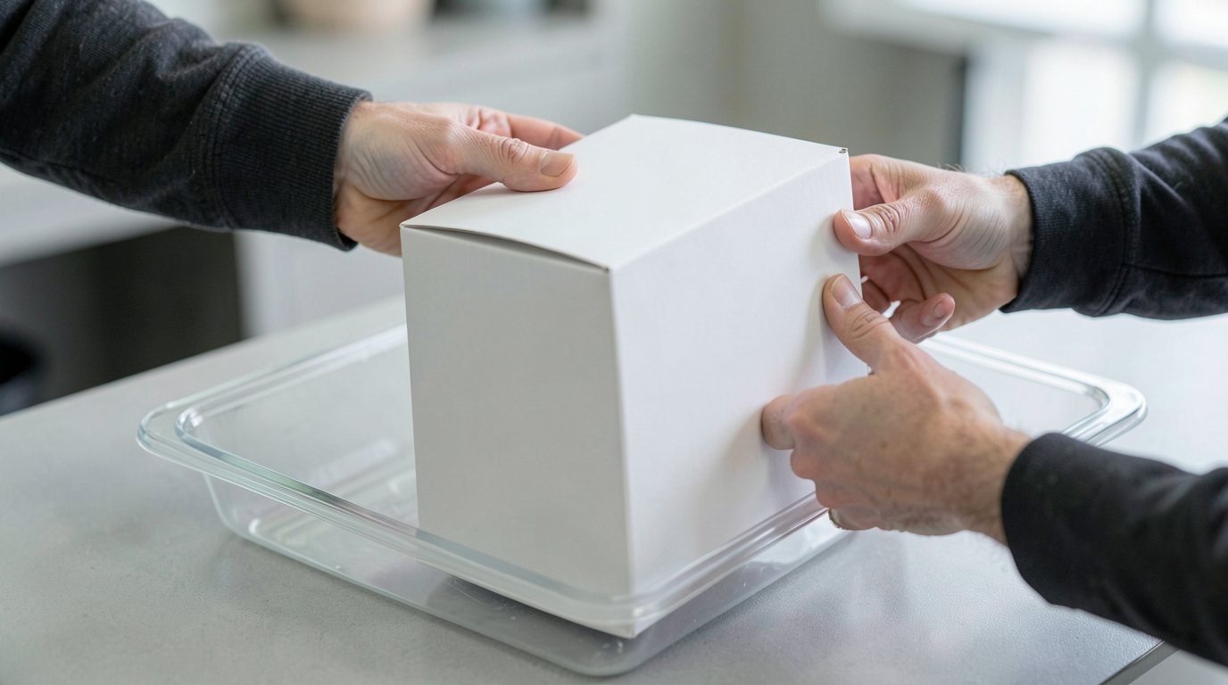 The hands of two people setting a single plain white unlabelled box into a clear tray on a grey counter, seen close up