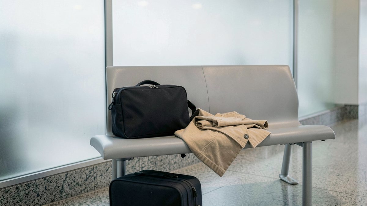 An empty bench in a quiet terminal corridor with a carry-on bag and a folded coat resting on it, with no people in the frame