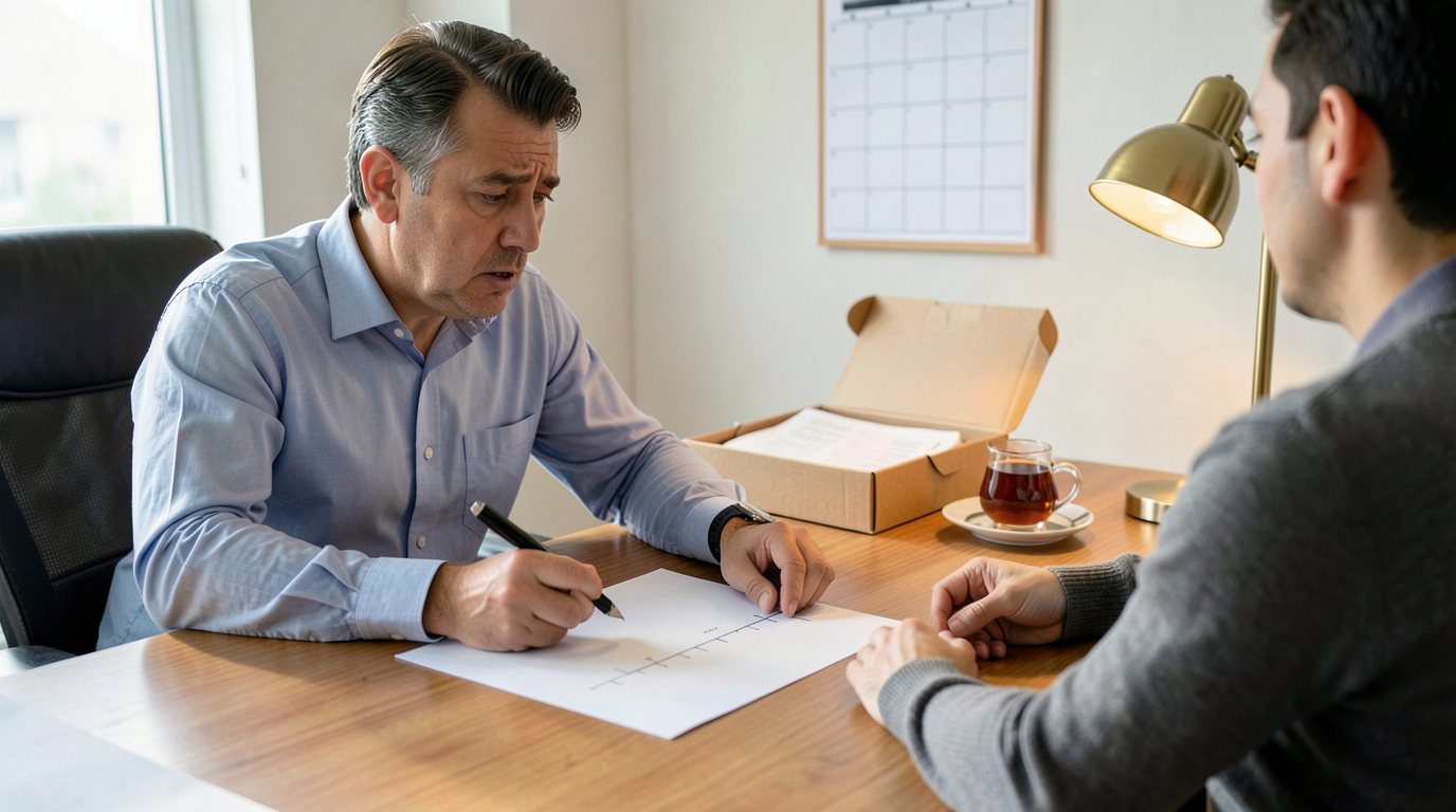 Lawyer explaining a timeline of a Turkish criminal case to a client, with a calendar and the case file open on the desk