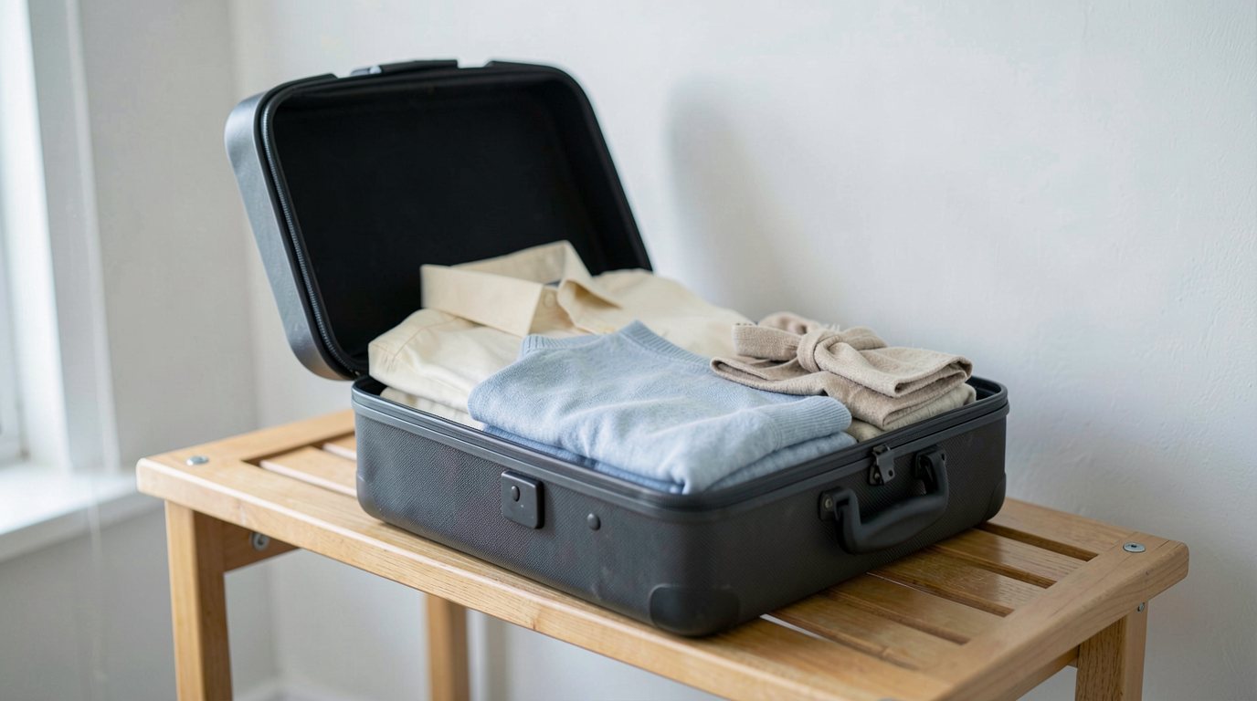 An open dark grey suitcase on a slatted wooden stand beside a window, holding a cream shirt, a light blue sweater and a beige scarf, all neatly folded, against a plain white wall