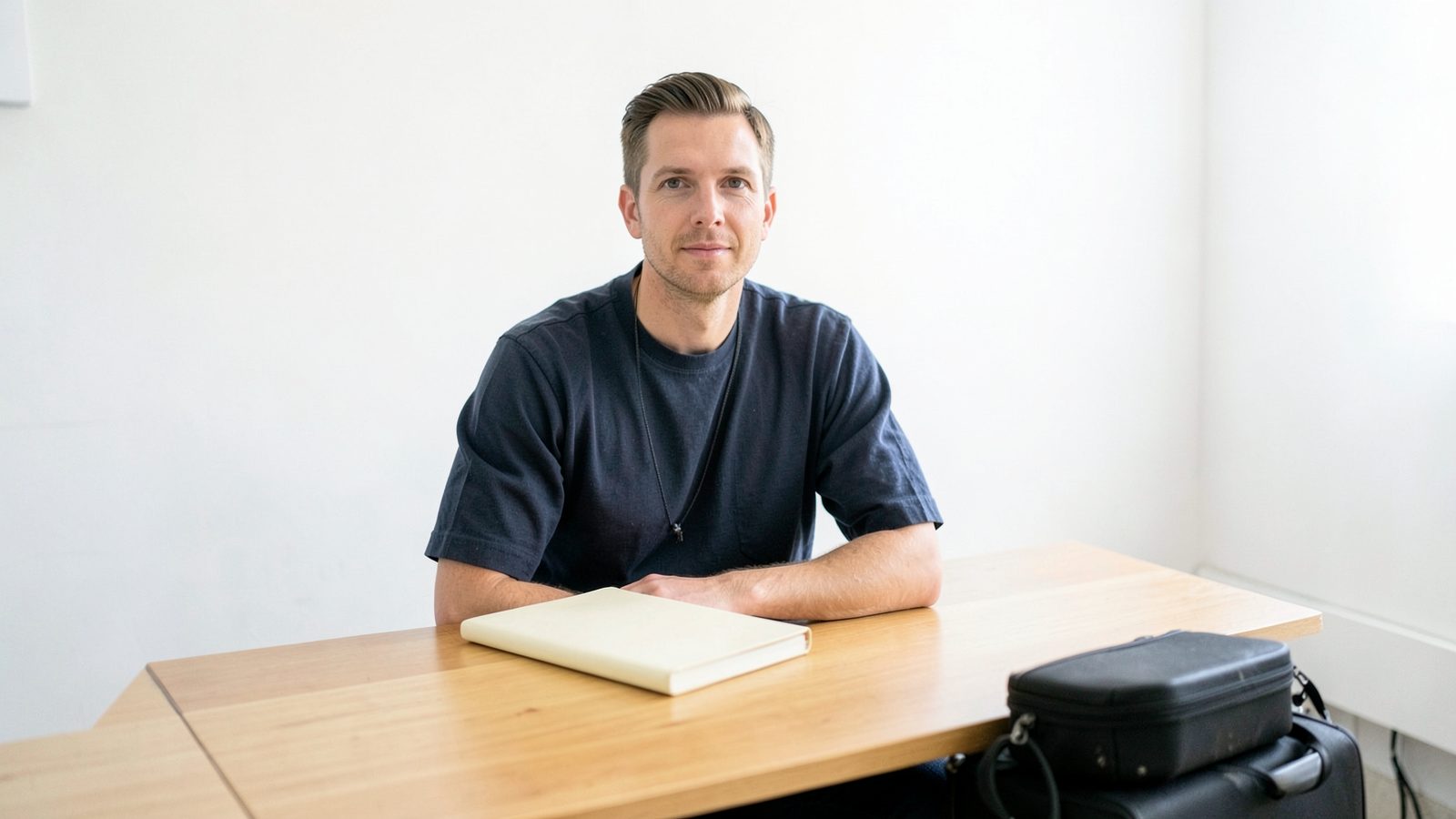 Adult traveller with a closed notebook at a table