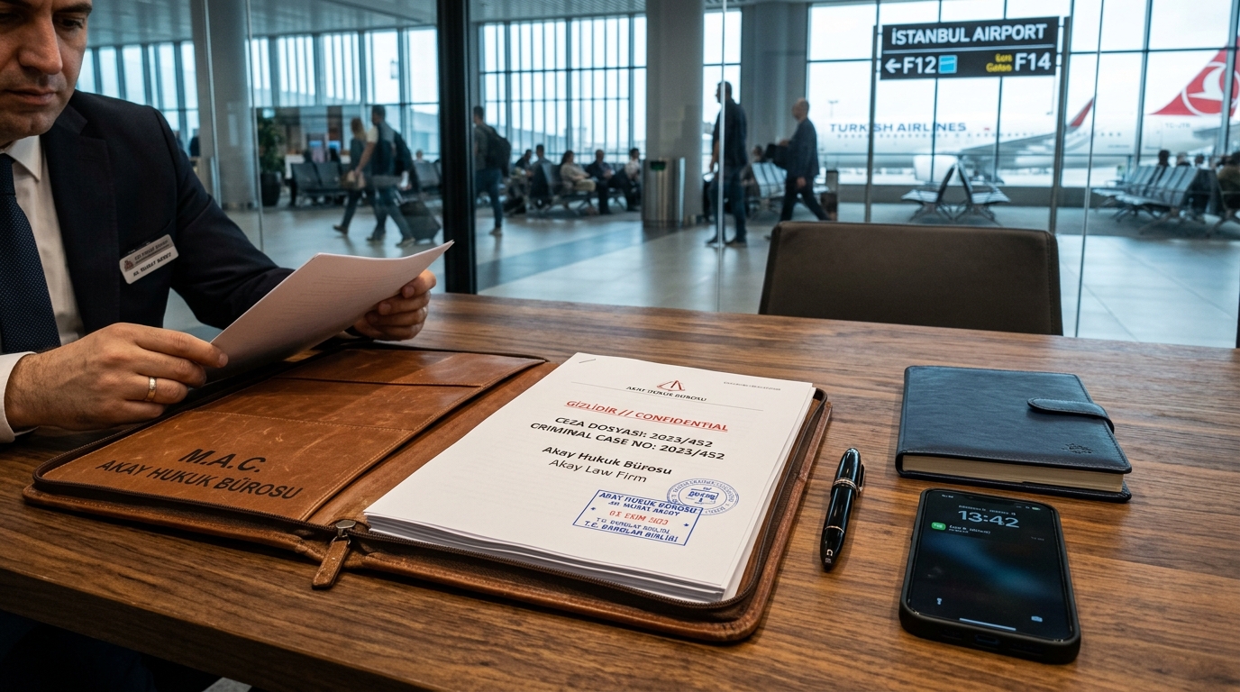 Confidential criminal defense attorney consultation desk with Turkish Criminal Procedure Code (CMK 147) dossier at Istanbul Airport