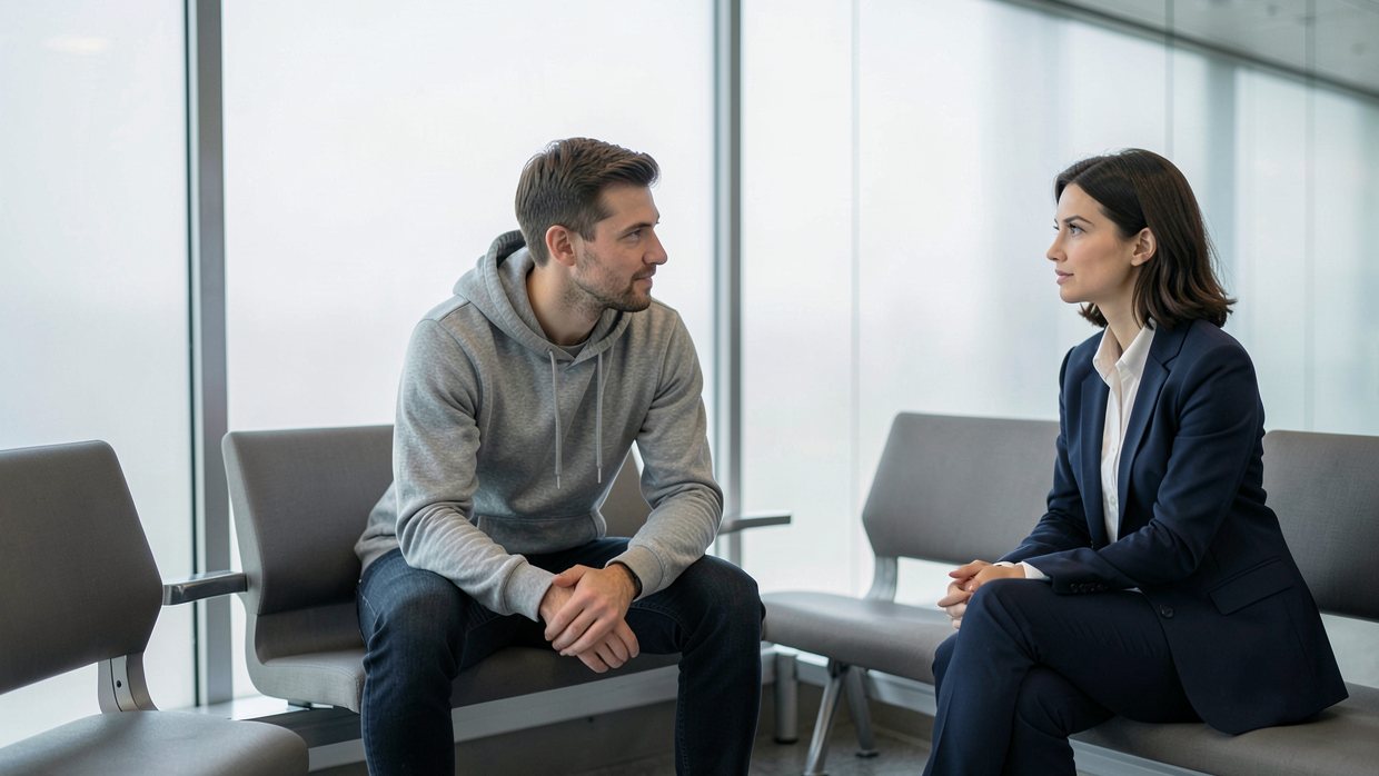 A man in his thirties in a plain grey hoodie leaning forward with his elbows on his knees, listening to a female lawyer in a navy suit sitting beside him in a quiet terminal seating corner, in front of a frosted glass wall