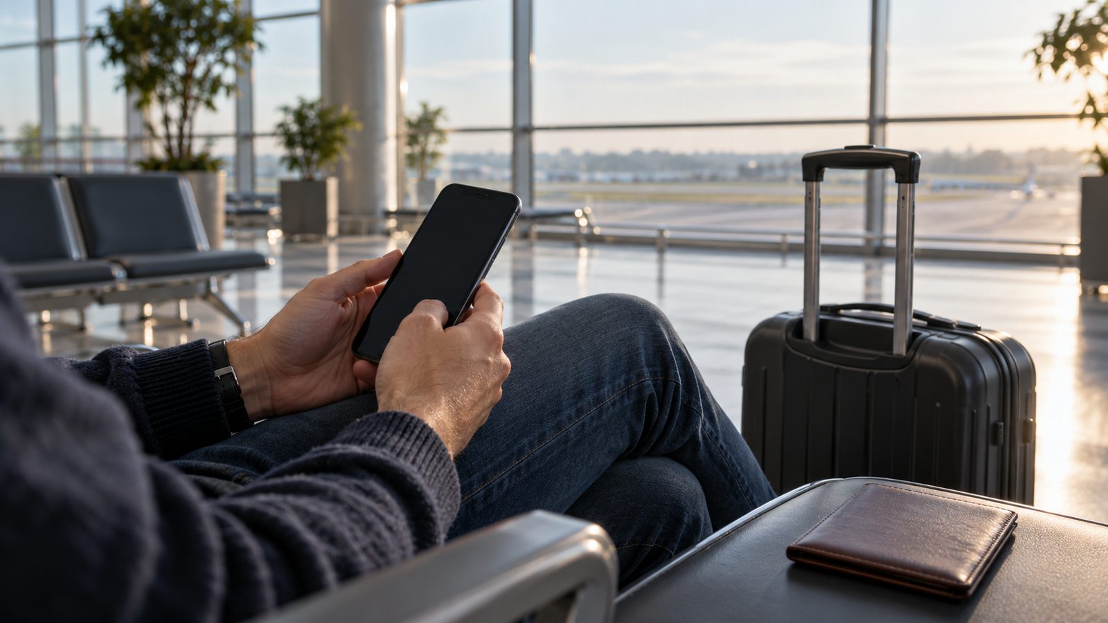 Traveller holding a dark smartphone beside luggage
