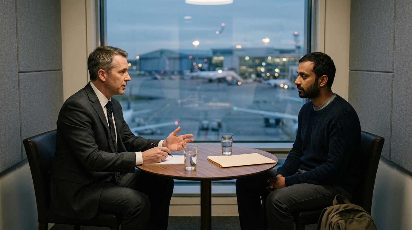 Criminal defense consultation and international case file review at airport