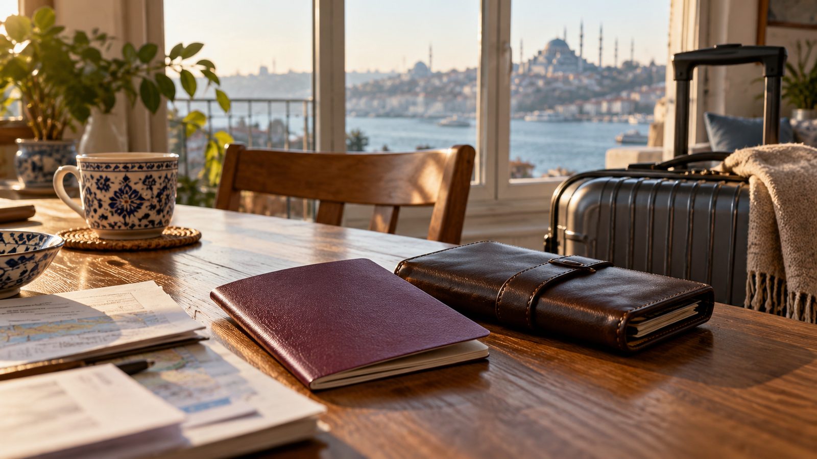 Unmarked travel documents and luggage on a table