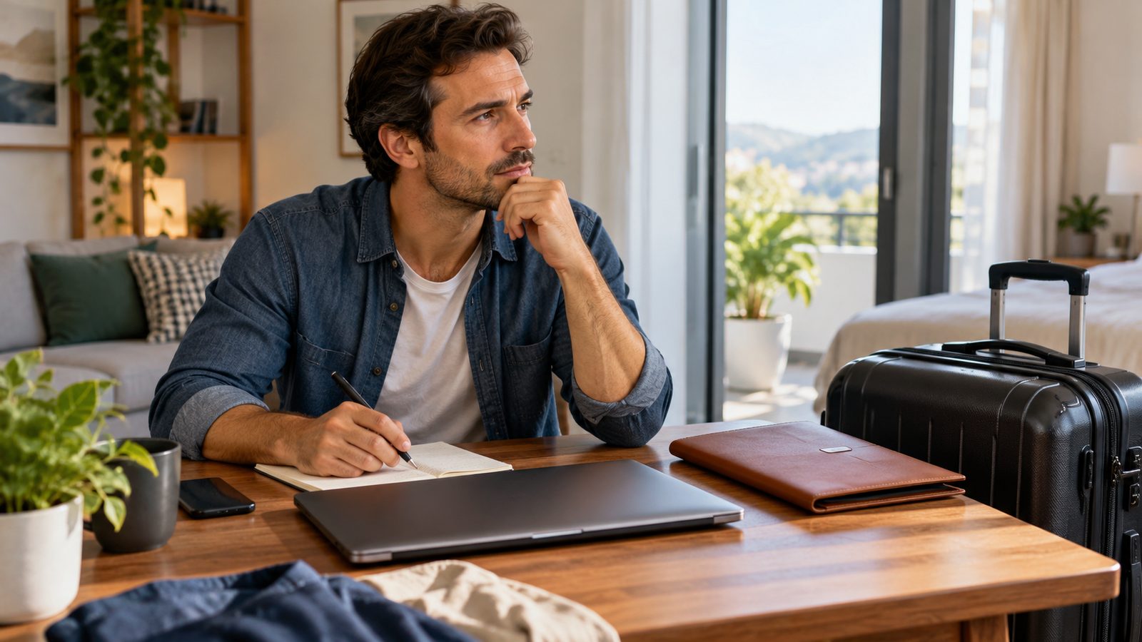 Traveller preparing travel papers at home