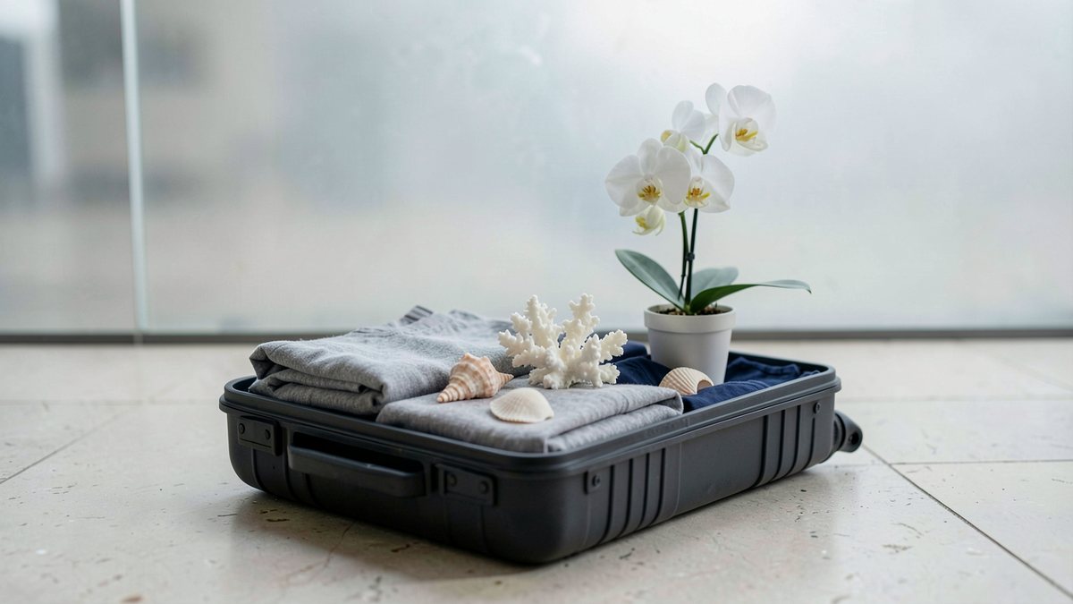 An open plain dark suitcase on a pale stone terminal floor with folded clothes and a few seashells, a piece of white coral and a small potted orchid on top, a frosted glass wall behind, with nobody in the scene