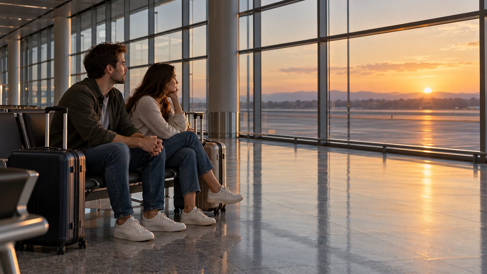 Two travellers seated with luggage in an empty terminal