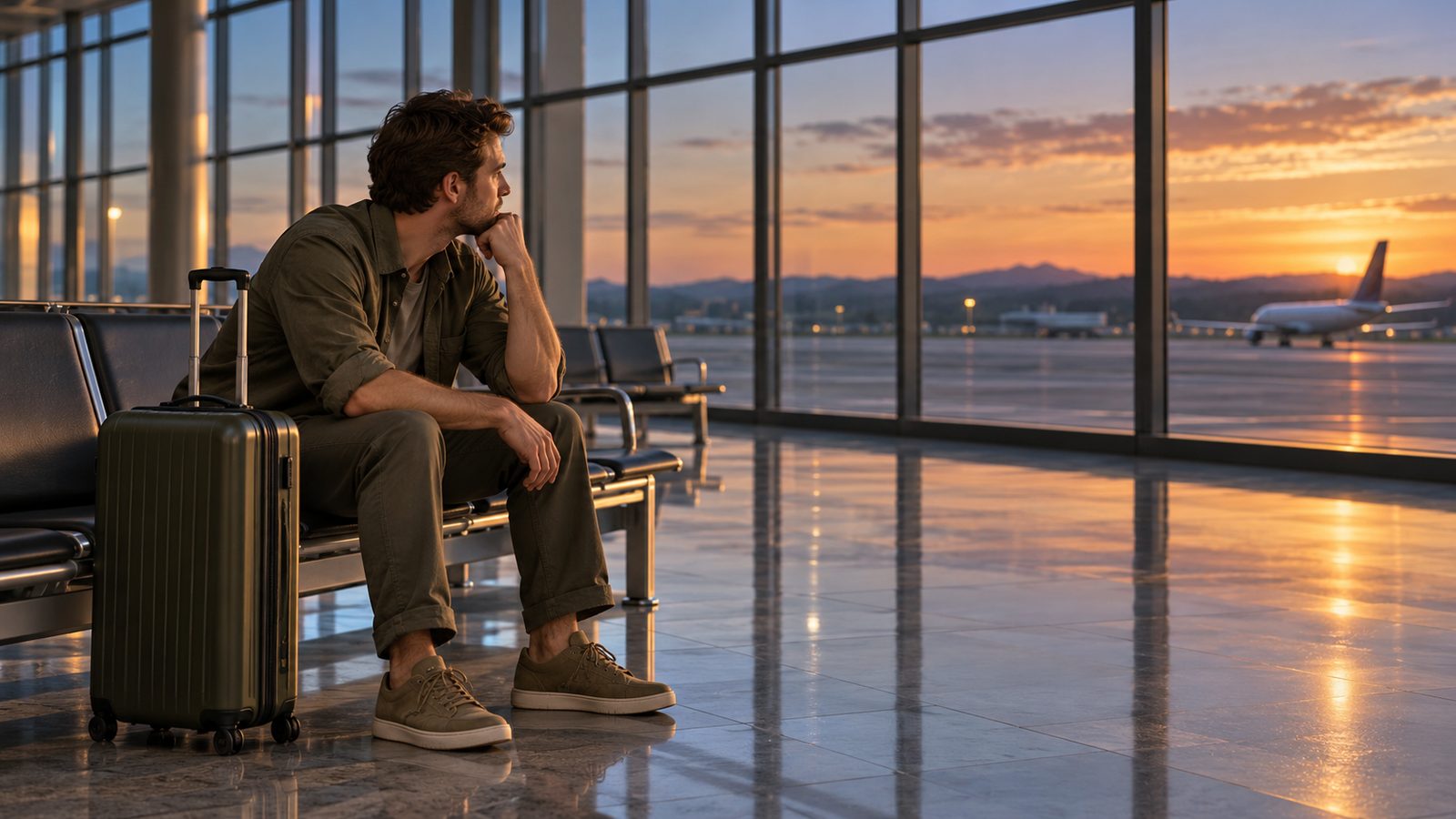 Traveller seated with luggage in an empty terminal