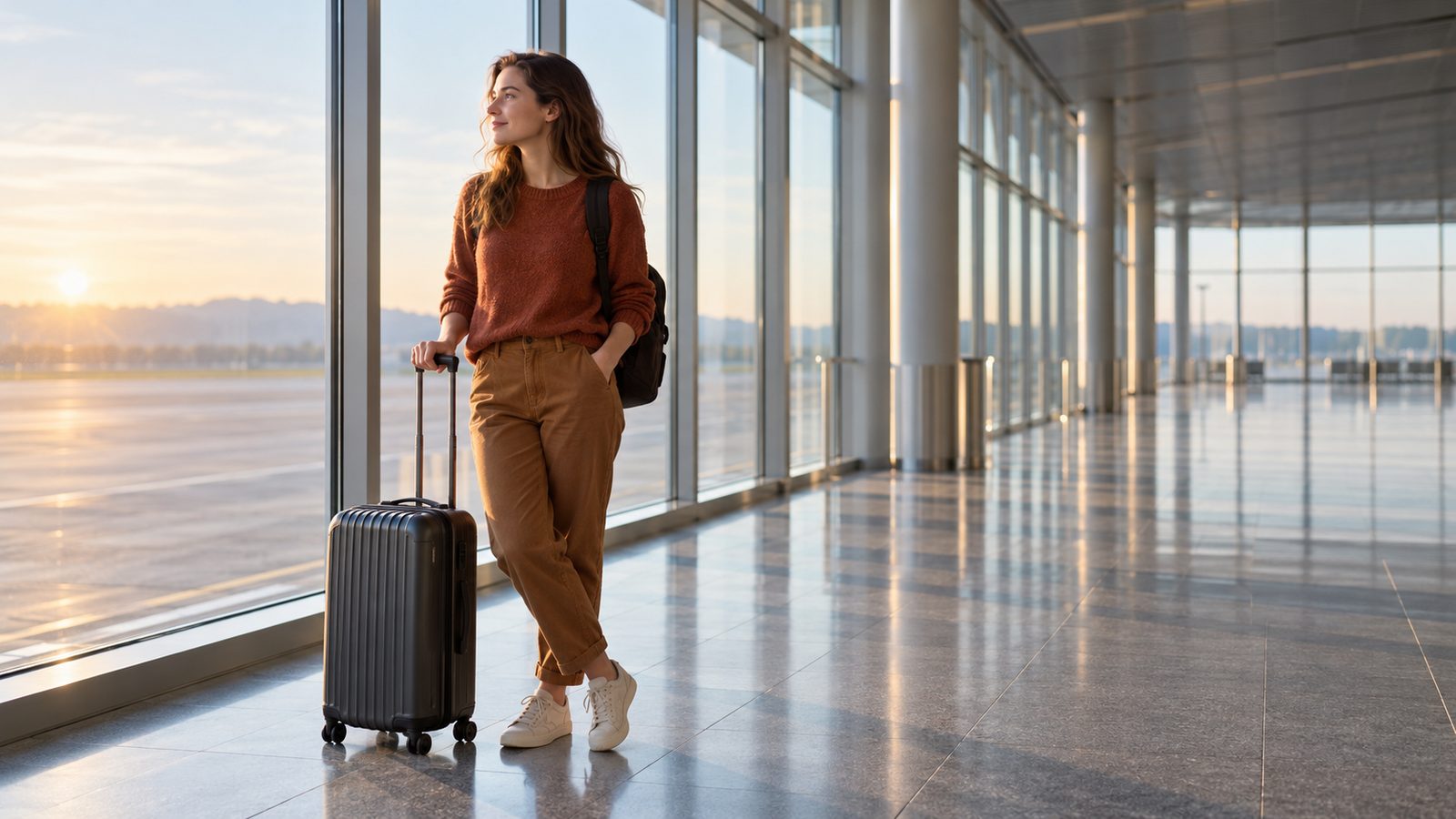 Traveller beside luggage in an empty terminal