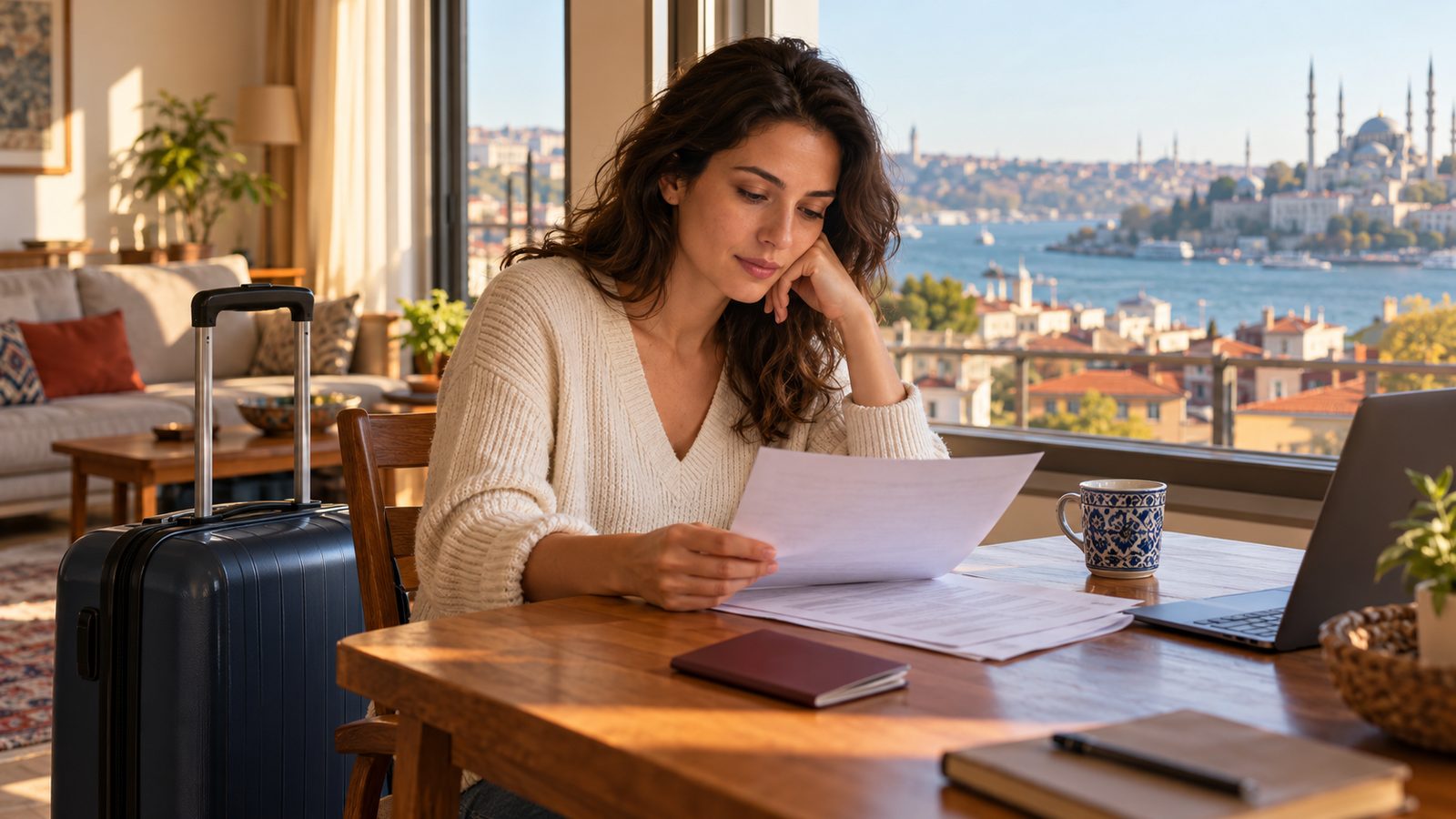 Traveller reviewing travel papers in an Istanbul apartment